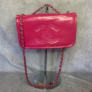 Chanel WOC Pink Enamel Silver Chain Flap Snap Crossbody Bag Purse